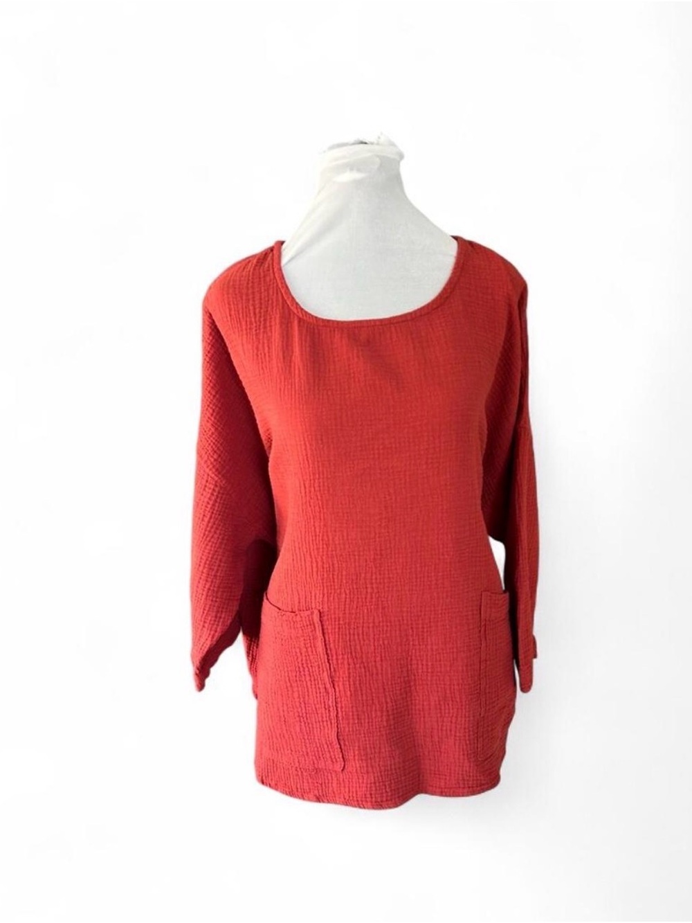 Jones New York Red Textured Long Sleeve Tunic with Front Pockets
